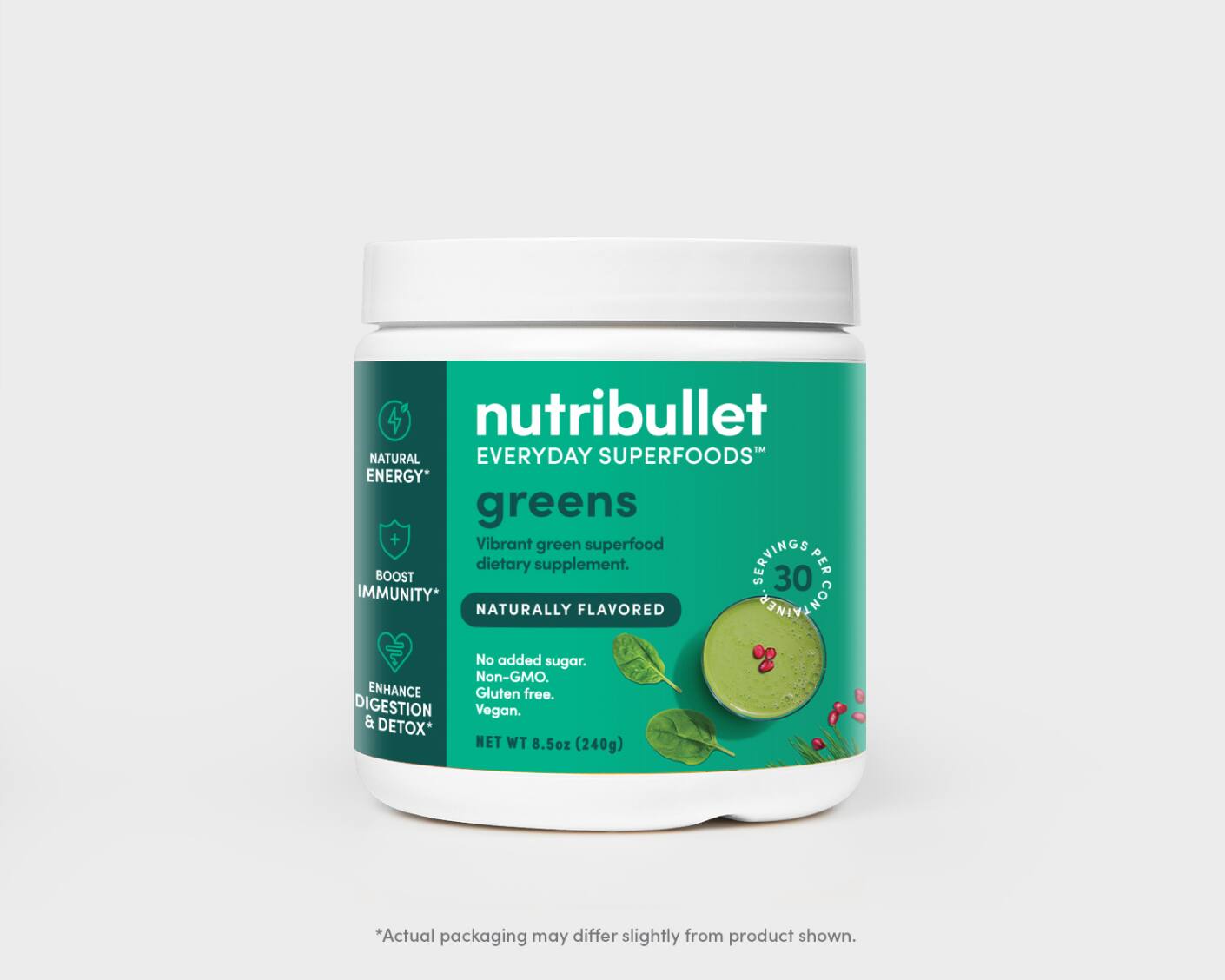 Product preview 1 of 3. Thumbnail nutribullet Essential Greens 30 serving tub with green label and greens and smoothie shown