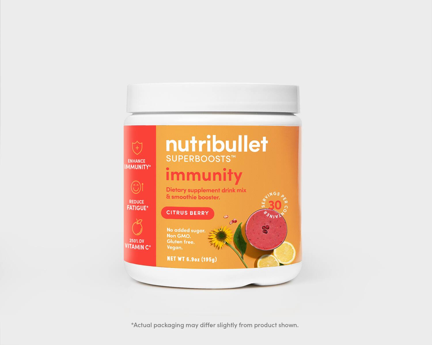 Product preview 1 of 3. Thumbnail nutribullet Immune Defense orange 30 serving tub with fruits and smoothies shown