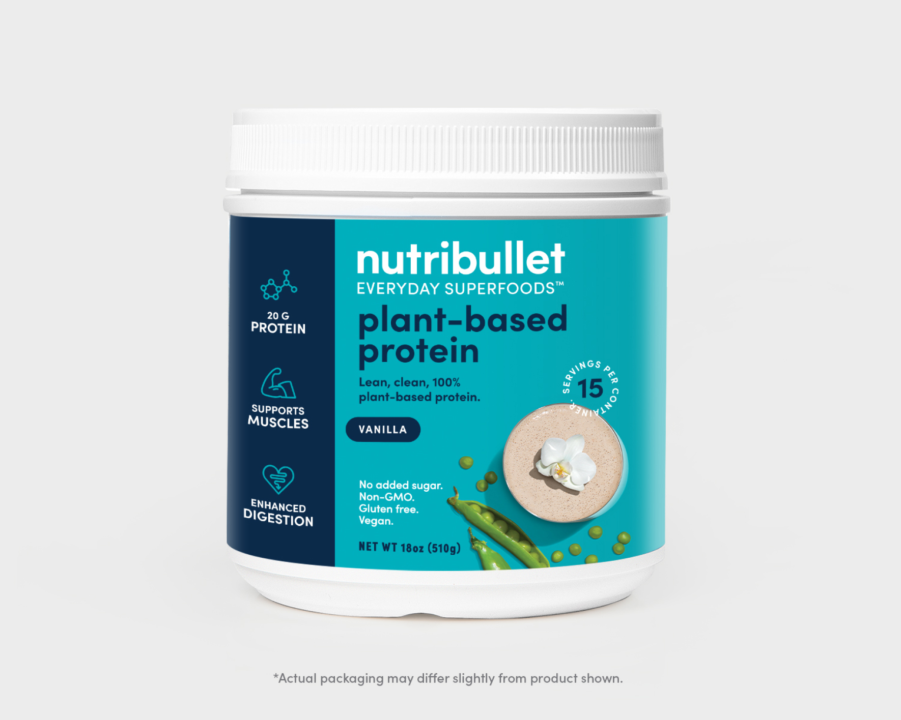 nutribullet Plant Based Protein tub vanilla flavor, 15 servings on blue label with vegetables and smoothies