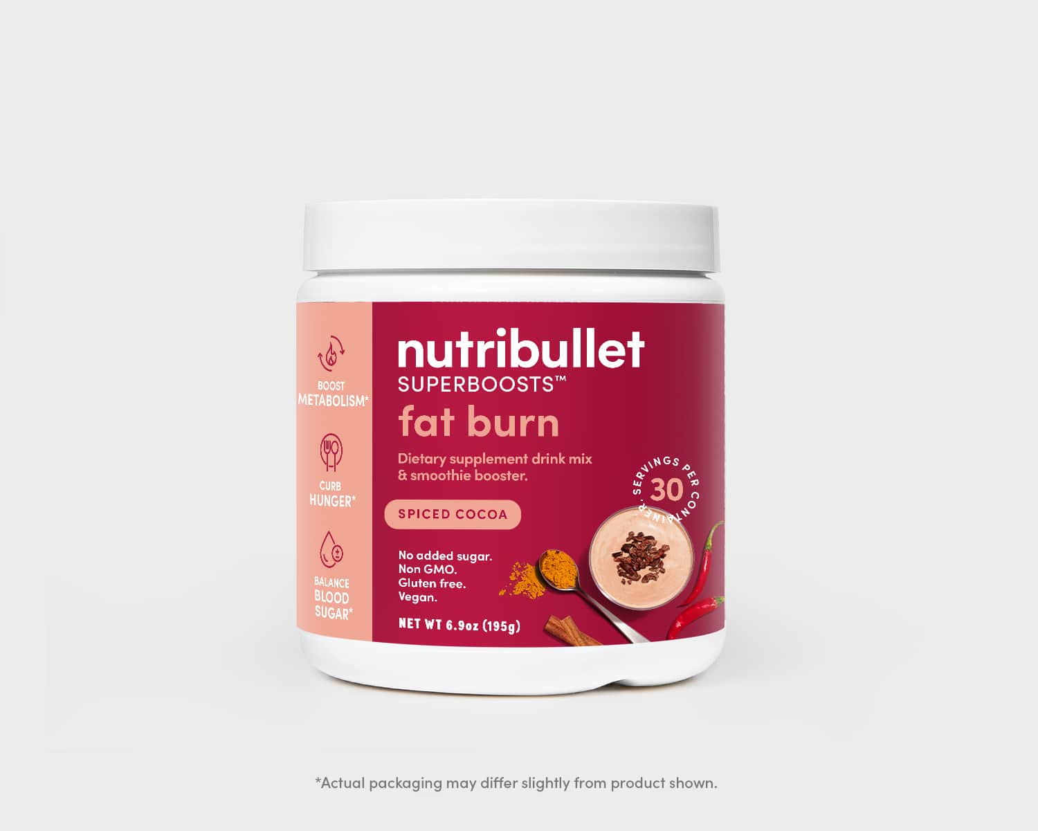 nutribullet Satisying Fat Burn 30 serving pink tub with smoothies, fruits, vegetables and powders label